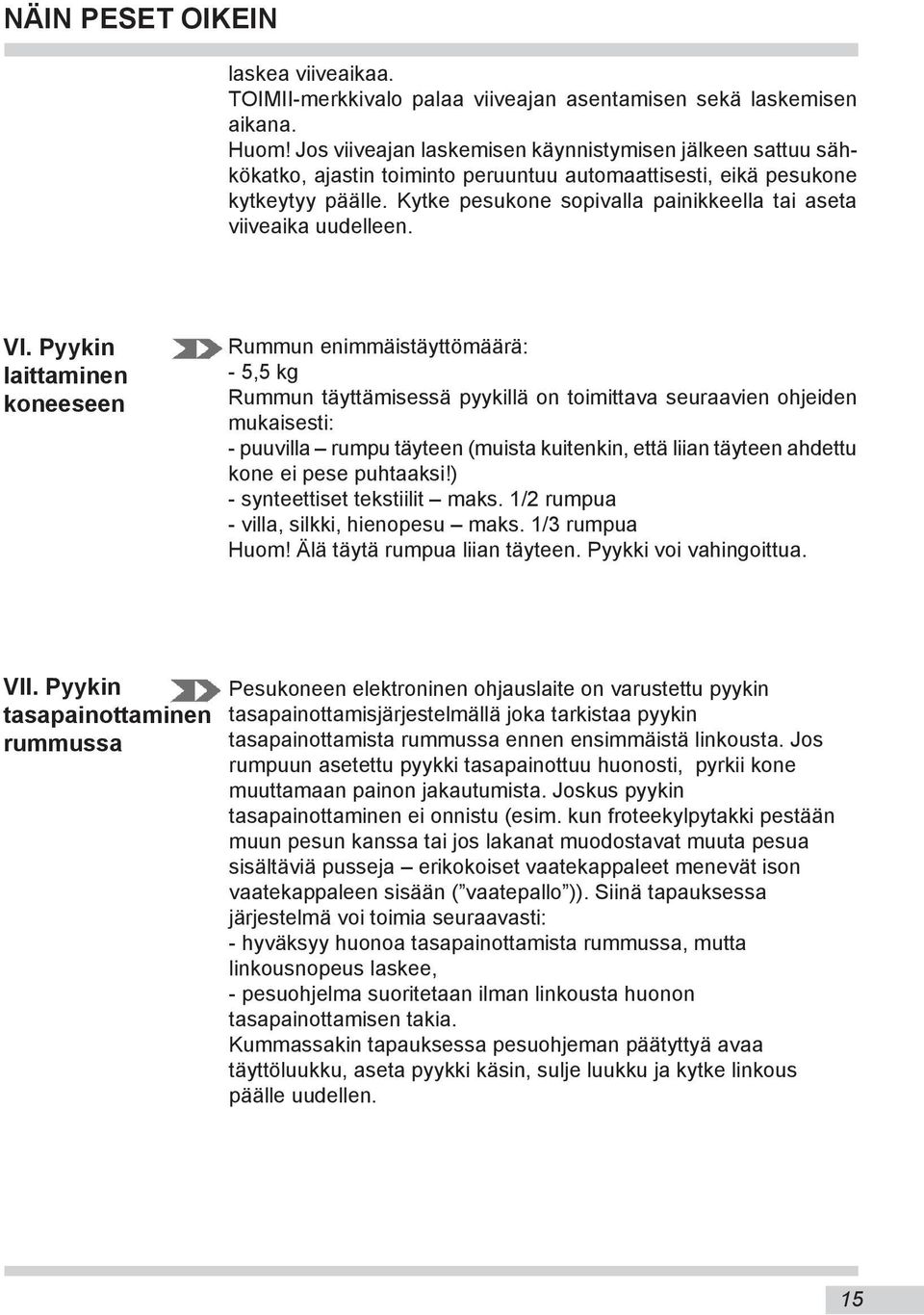 Kytke pesukone sopivalla painikkeella tai aseta viiveaika uudelleen. VI.