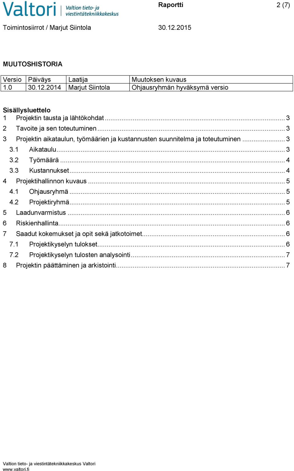 .. 3 3 Projektin aikataulun, työmäärien ja kustannusten suunnitelma ja toteutuminen... 3 3.1 Aikataulu... 3 3.2 Työmäärä... 4 3.3 Kustannukset.