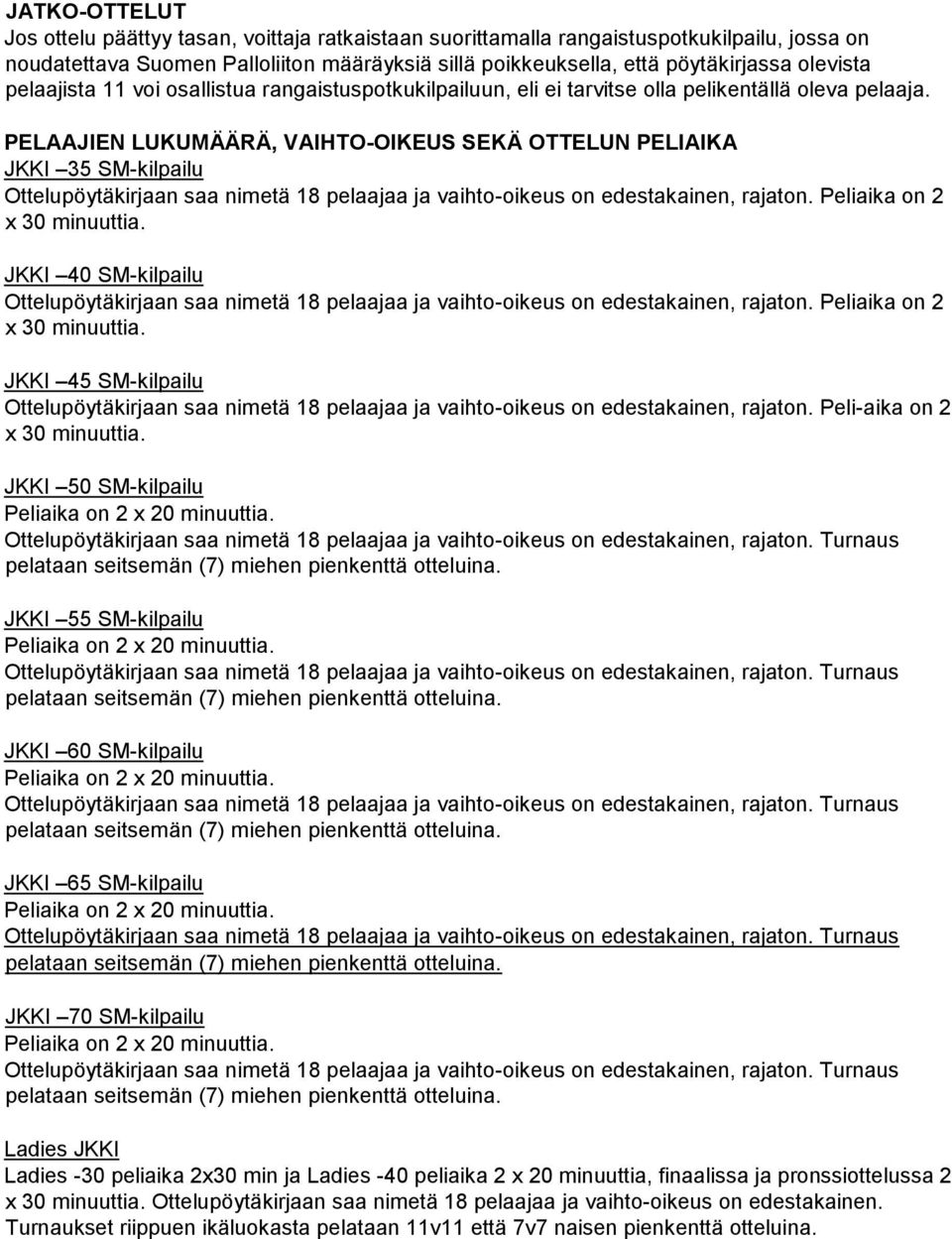 PELAAJIEN LUKUMÄÄRÄ, VAIHTO-OIKEUS SEKÄ OTTELUN PELIAIKA JKKI 35 SM-kilpailu Ottelupöytäkirjaan saa nimetä 18 pelaajaa ja vaihto-oikeus on edestakainen, rajaton. Peliaika on 2 x 30 minuuttia.