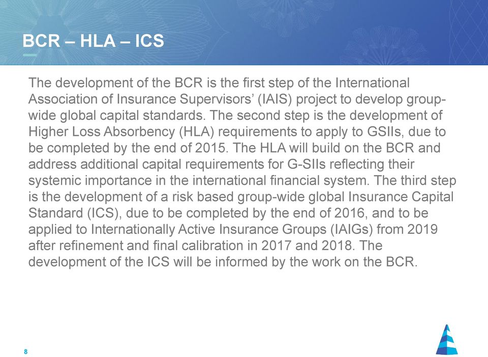 The HLA will build on the BCR and address additional capital requirements for G-SIIs reflecting their systemic importance in the international financial system.