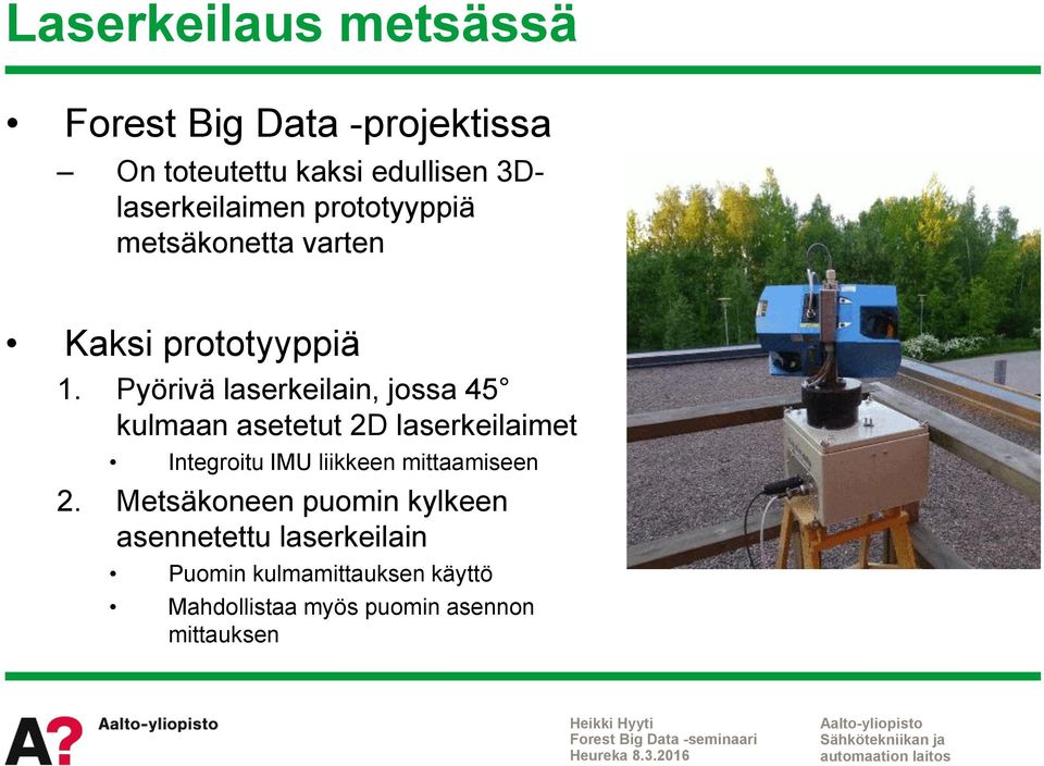 Pyörivä laserkeilain, jossa 45 kulmaan asetetut 2D laserkeilaimet Integroitu IMU liikkeen