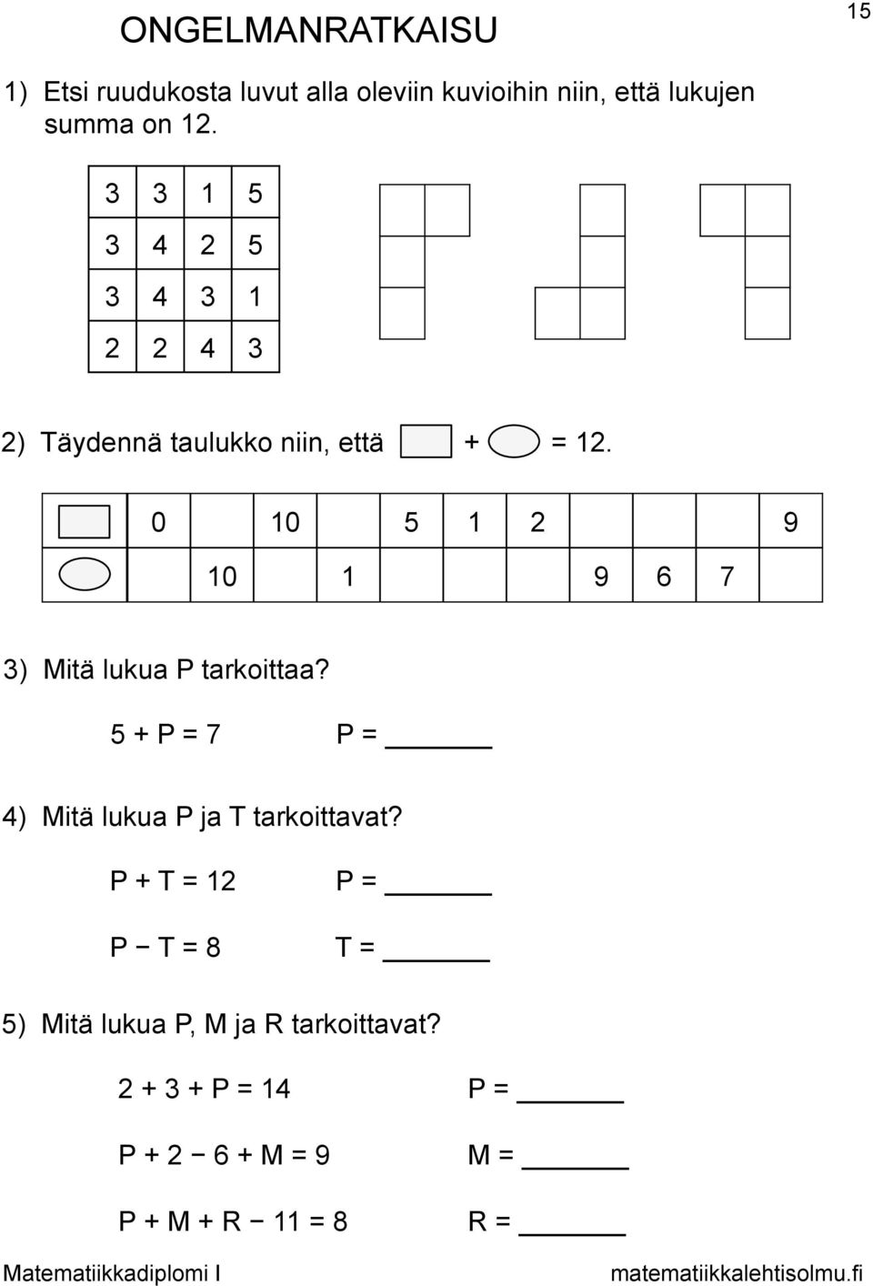 0 10 5 1 2 9 10 1 9 6 7 3) Mitä lukua P tarkoittaa? 5 + P = 7 P = 4) Mitä lukua P ja T tarkoittavat?