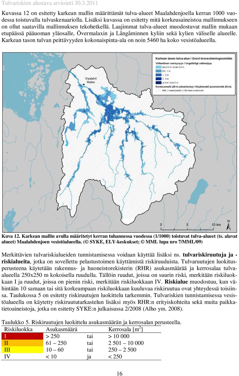 Laajimmat tulva-alueet muodostuvat mallin mukaan etupäässä pääuoman yläosalle, Övermalaxin ja Långåminnen kyliin sekä kylien väliselle alueelle.