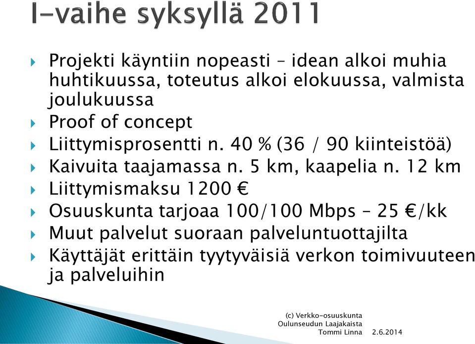 40 % (36 / 90 kiinteistöä) Kaivuita taajamassa n. 5 km, kaapelia n.