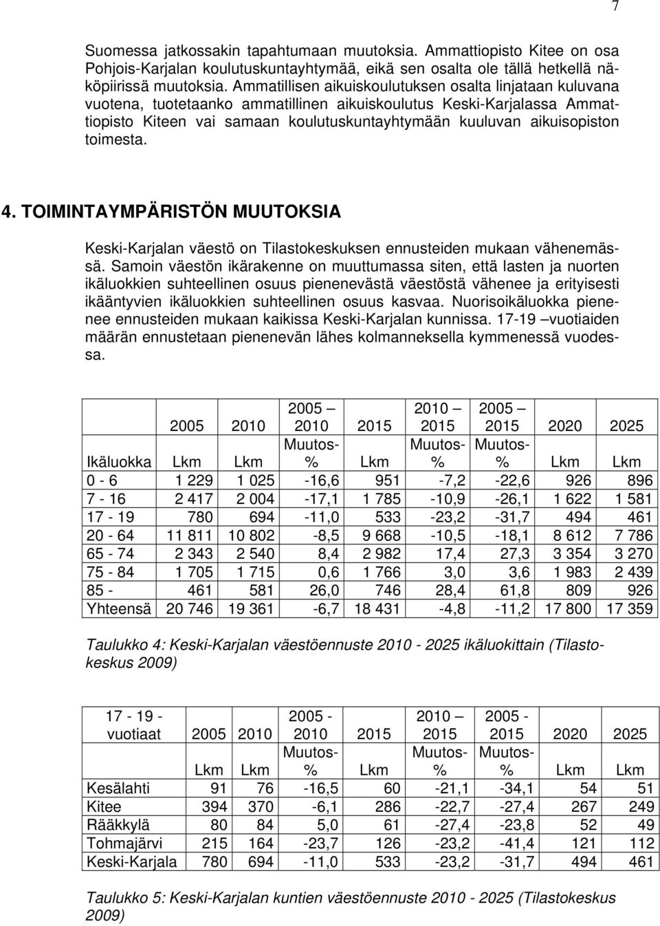 toimesta. 4. TOIMINTAYMPÄRISTÖN MUUTOKSIA Keski-Karjalan väestö on Tilastokeskuksen ennusteiden mukaan vähenemässä.