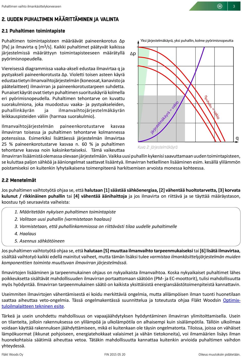 Δp Yksi järjestelmäkäyrä, yksi puhallin, kolme pyörimisnopeutta Viereisessä diagrammissa vaaka-akseli edustaa ilmavirtaa q ja pystyakseli paineenkorotusta Δp.