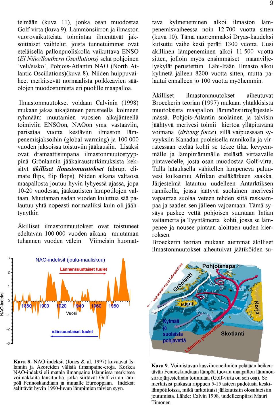 pohjoinen veli/sisko, Pohjois-Atlantin NAO (North Atlantic Oscillations)(kuva 8). Niiden huippuvaiheet merkitsevät normaalista poikkeavien sääolojen muodostumista eri puolille maapalloa.