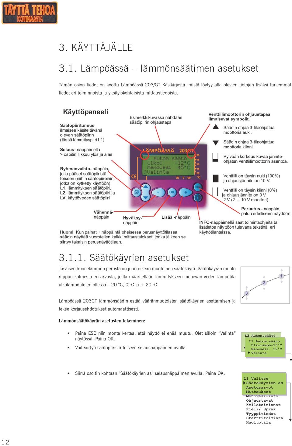 mittaustiedoista. 3.1.1. Säätökäyrien asetukset Tasaisen huonelämmön perusta on juuri oikean muotoinen säätökäyrä.