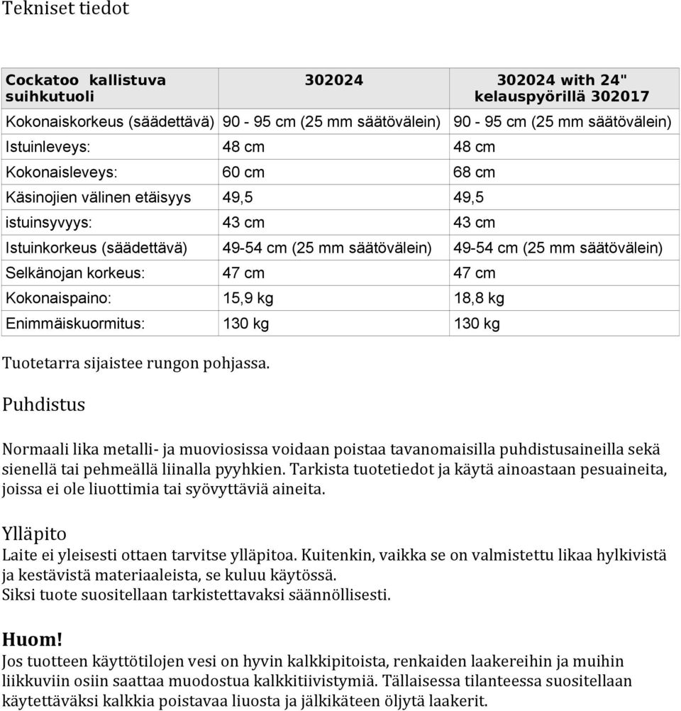 korkeus: 47 cm 47 cm Kokonaispaino: 15,9 kg 18,8 kg Enimmäiskuormitus: 130 kg 130 kg Tuotetarra sijaistee rungon pohjassa.