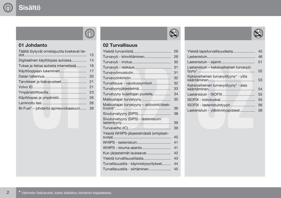 .. 32 Tarvikkeet ja lisävarusteet... 21 Turvallisuus - varoitussymboli... 32 Volvo ID... 21 Turvatyynyjärjestelmä... 33 Ympäristöfilosofia... 23 Turvatyyny kuljettajan puolella.