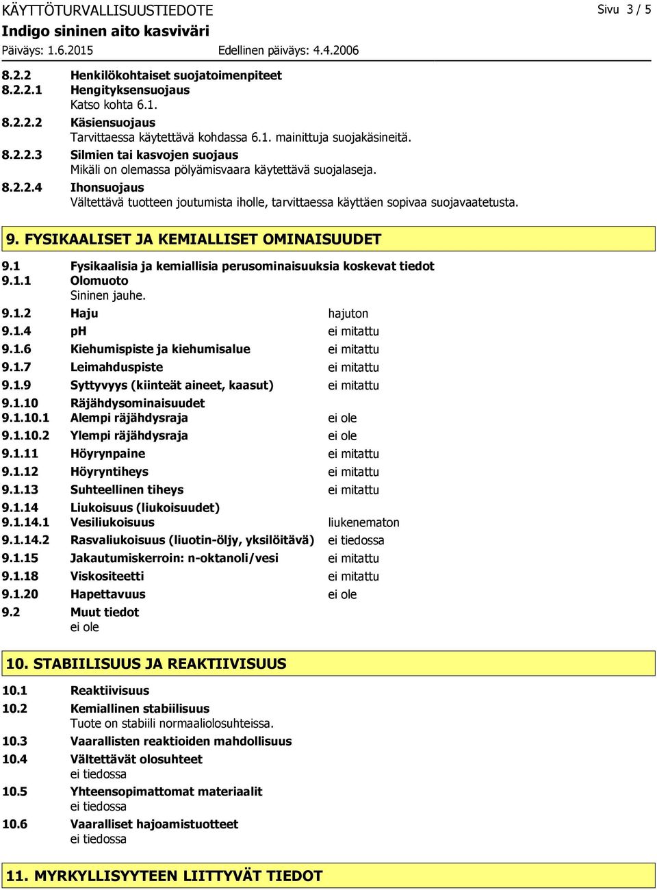 9. FYSIKAALISET JA KEMIALLISET OMINAISUUDET 9.1 Fysikaalisia ja kemiallisia perusominaisuuksia koskevat tiedot 9.1.1 Olomuoto Sininen jauhe. 9.1.2 Haju hajuton 9.1.4 ph ei mitattu 9.1.6 Kiehumispiste ja kiehumisalue ei mitattu 9.