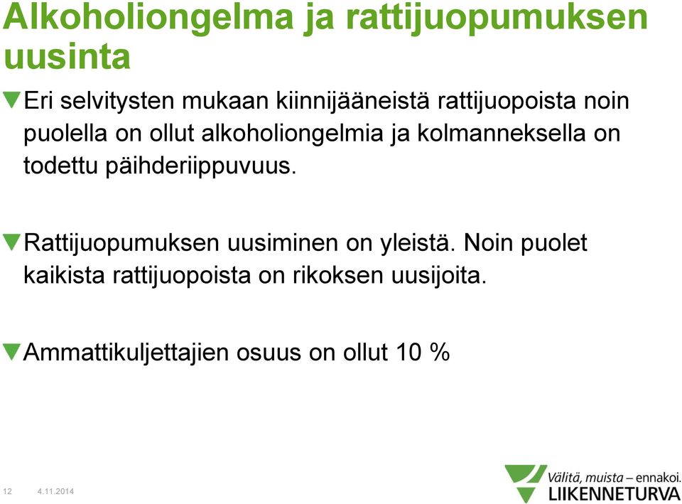 päihderiippuvuus. Rattijuopumuksen uusiminen on yleistä.