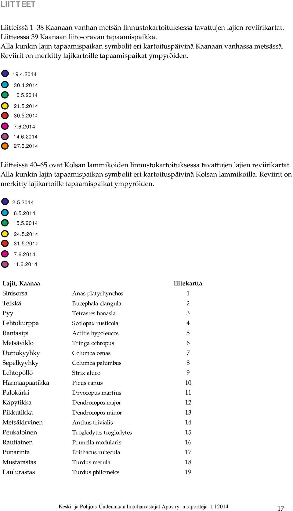 6.2014 14.6.2014 27.6.2014 Liitteissä 40 65 ovat Kolsan lammikoiden linnustokartoituksessa tavattujen lajien reviirikartat.