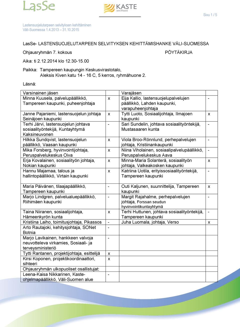 Läsnä: Varsinainen jäsen Minna Kuusela, palvelupäällikkö,, puheenjohtaja Janne Pajaniemi, lastensuojelun johtaja Seinäjoen kaupunki Terhi Järvi, lastensuojelun johtava sosiaalityöntekijä, Kuntayhtymä