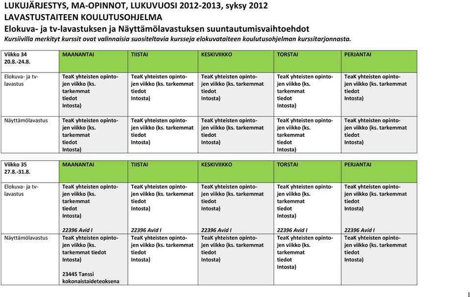 kurssit ovat valinnaisia suositeltavia kursseja elokuvataiteen koulutusohjelman kurssitarjonnasta.