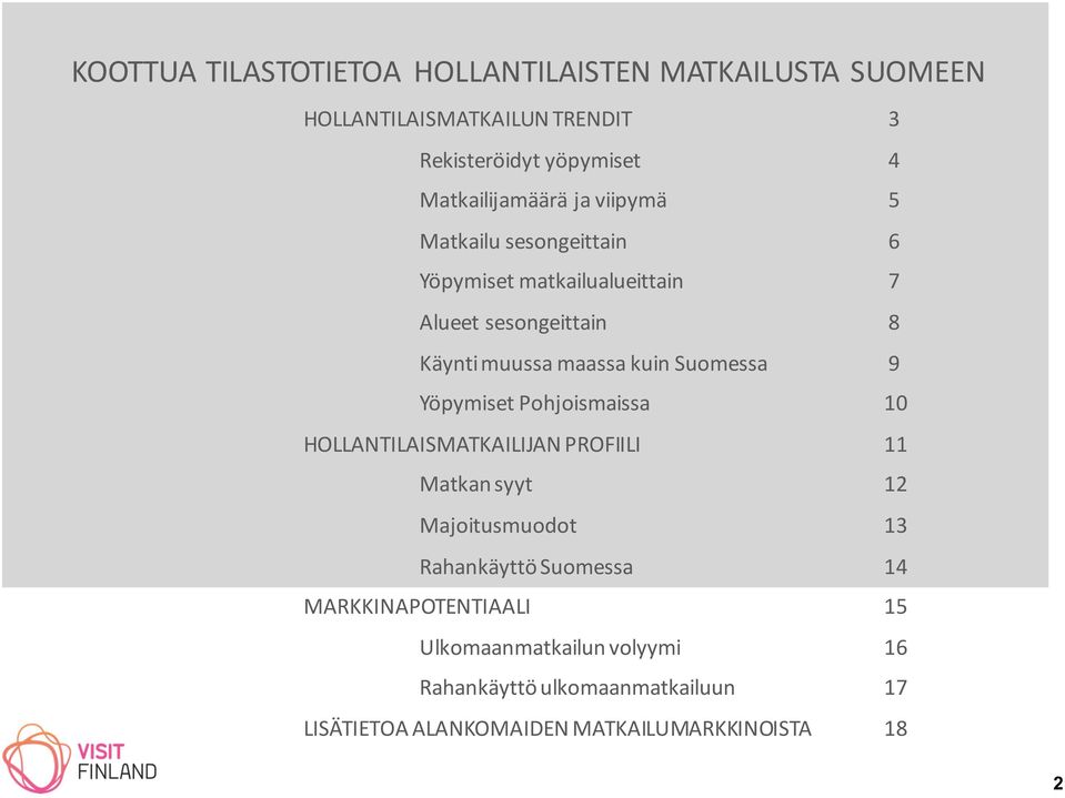 kuin Suomessa 9 Yöpymiset Pohjoismaissa 10 HOLLANTILAISMATKAILIJAN PROFIILI 11 Matkan syyt 12 Majoitusmuodot 13 Rahankäyttö