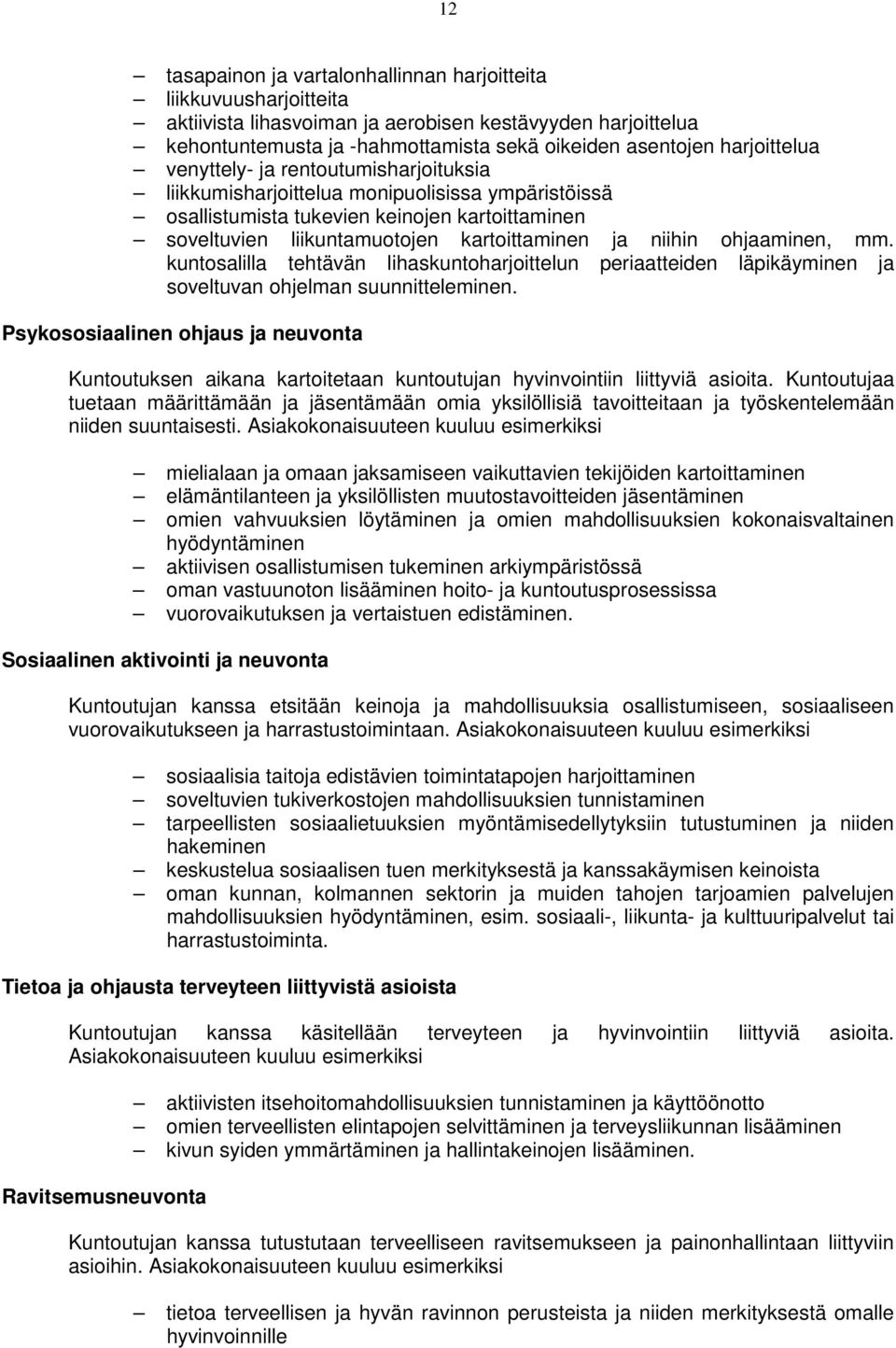 niihin ohjaaminen, mm. kuntosalilla tehtävän lihaskuntoharjoittelun periaatteiden läpikäyminen ja soveltuvan ohjelman suunnitteleminen.