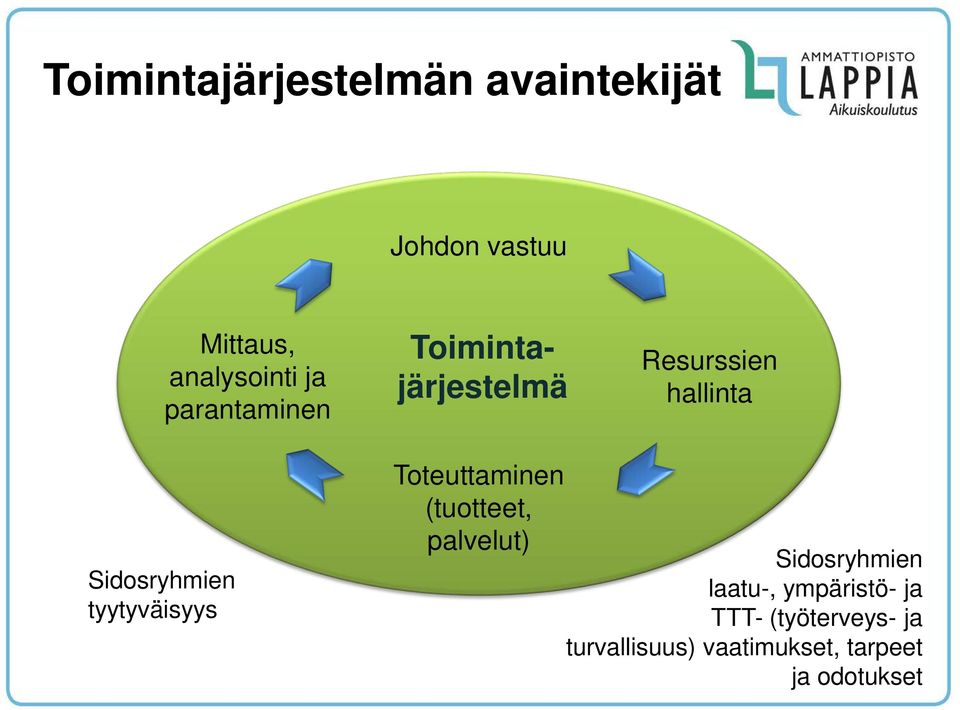 tyytyväisyys Toteuttaminen (tuotteet, palvelut) Sidosryhmien laatu-,