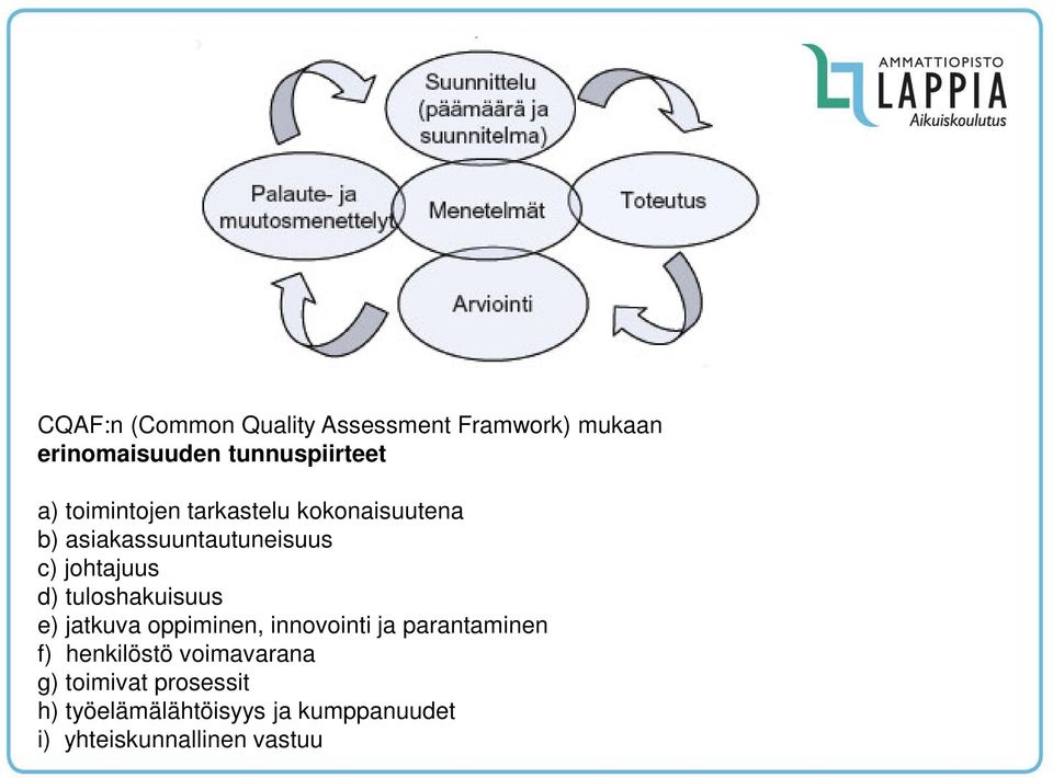 tuloshakuisuus e) jatkuva oppiminen, innovointi ja parantaminen f) henkilöstö