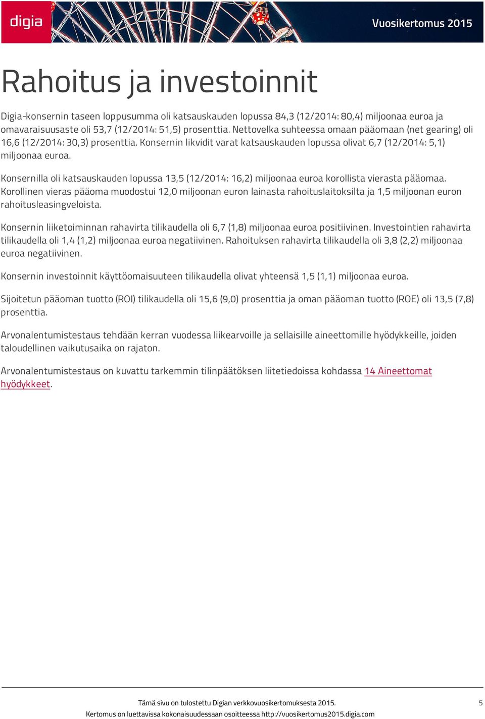 Konsernilla oli katsauskauden lopussa 13,5 (12/2014: 16,2) miljoonaa euroa korollista vierasta pääomaa.