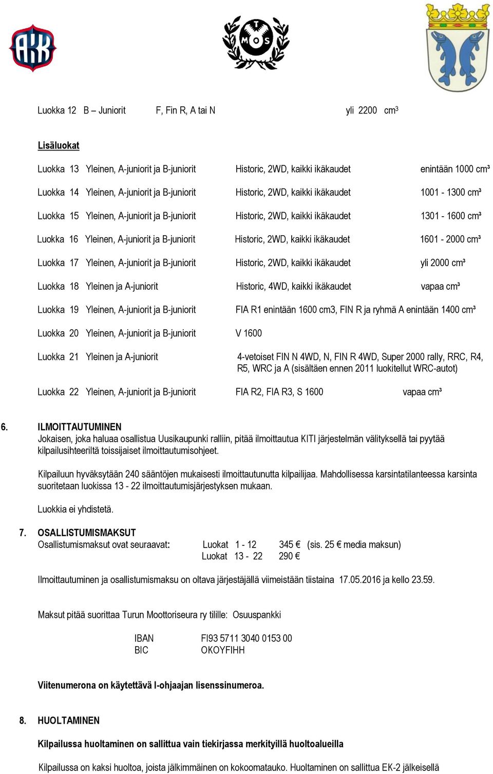 Historic, 2WD, kaikki ikäkaudet 1601-2000 cm³ Luokka 17 Yleinen, A-juniorit ja B-juniorit Historic, 2WD, kaikki ikäkaudet yli 2000 cm³ Luokka 18 Yleinen ja A-juniorit Historic, 4WD, kaikki ikäkaudet