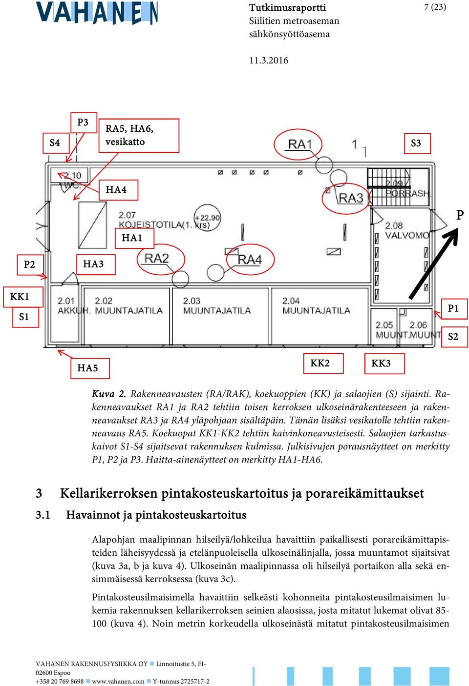 Tämän lisäksi vesikatolle tehtiin rakenneavaus RA5. Koekuopat KK1-KK2 tehtiin kaivinkoneavusteisesti. Salaojien tarkastuskaivot S1-S4 sijaitsevat rakennuksen kulmissa.