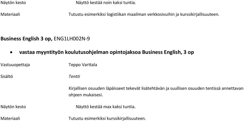 Business English 3 op, ENG1LH002N-9 vastaa myyntityön koulutusohjelman opintojaksoa Business English, 3 op Vastuuopettaja