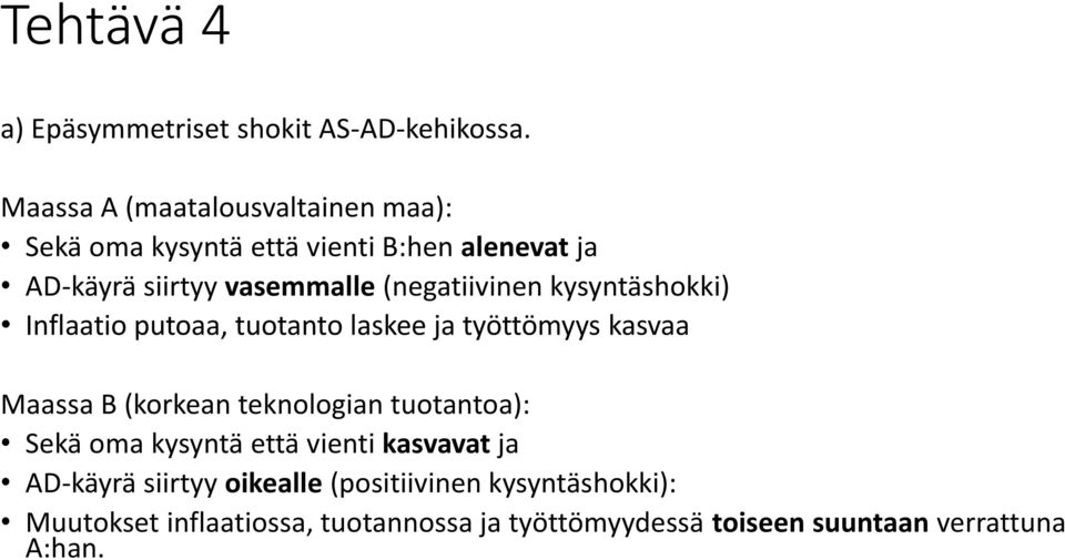 (negatiivinen kysyntäshokki) Inflaatio putoaa, tuotanto laskee ja työttömyys kasvaa Maassa B (korkean teknologian