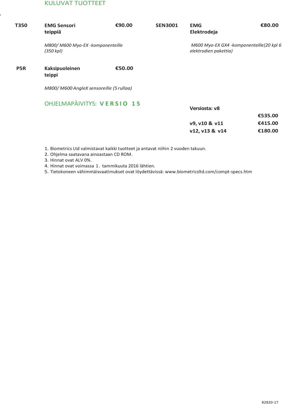 00 M800/ M600 AngleX sensoreille (5 rullaa) OHJELMAPÄIVITYS: V E R S I O 1 5 Versiosta: v8 535.00 v9, v10 & v11 415.00 v12, v13 & v14 180.00 1.