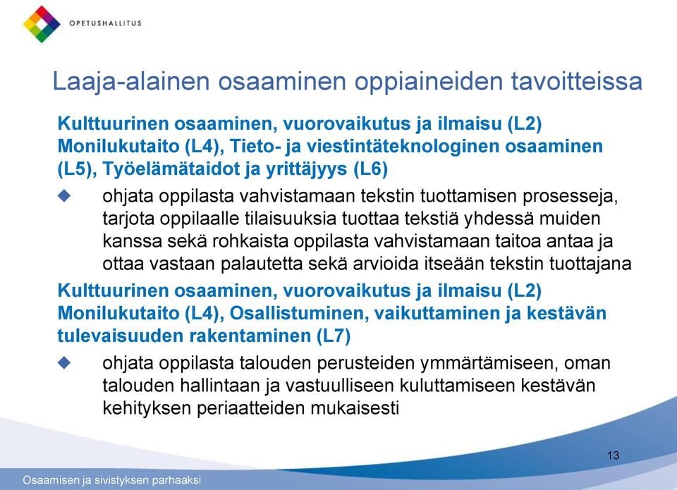 taitoa antaa ja ottaa vastaan palautetta sekä arvioida itseään tekstin tuottajana Kulttuurinen osaaminen, vuorovaikutus ja ilmaisu (L2) Monilukutaito (L4), Osallistuminen, vaikuttaminen ja