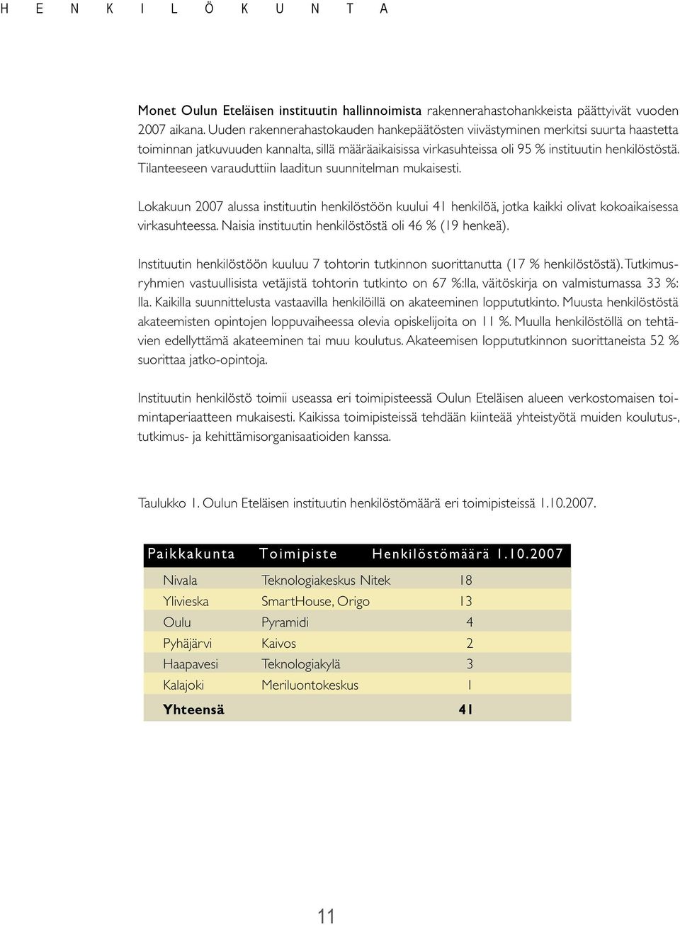 Tilanteeseen varauduttiin laaditun suunnitelman mukaisesti. Lokakuun 2007 alussa instituutin henkilöstöön kuului 41 henkilöä, jotka kaikki olivat kokoaikaisessa virkasuhteessa.