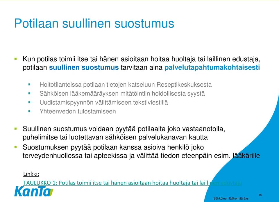 tulostamiseen Suullinen suostumus voidaan pyytää potilaalta joko vastaanotolla, puhelimitse tai luotettavan sähköisen palvelukanavan kautta Suostumuksen pyytää potilaan kanssa asioiva