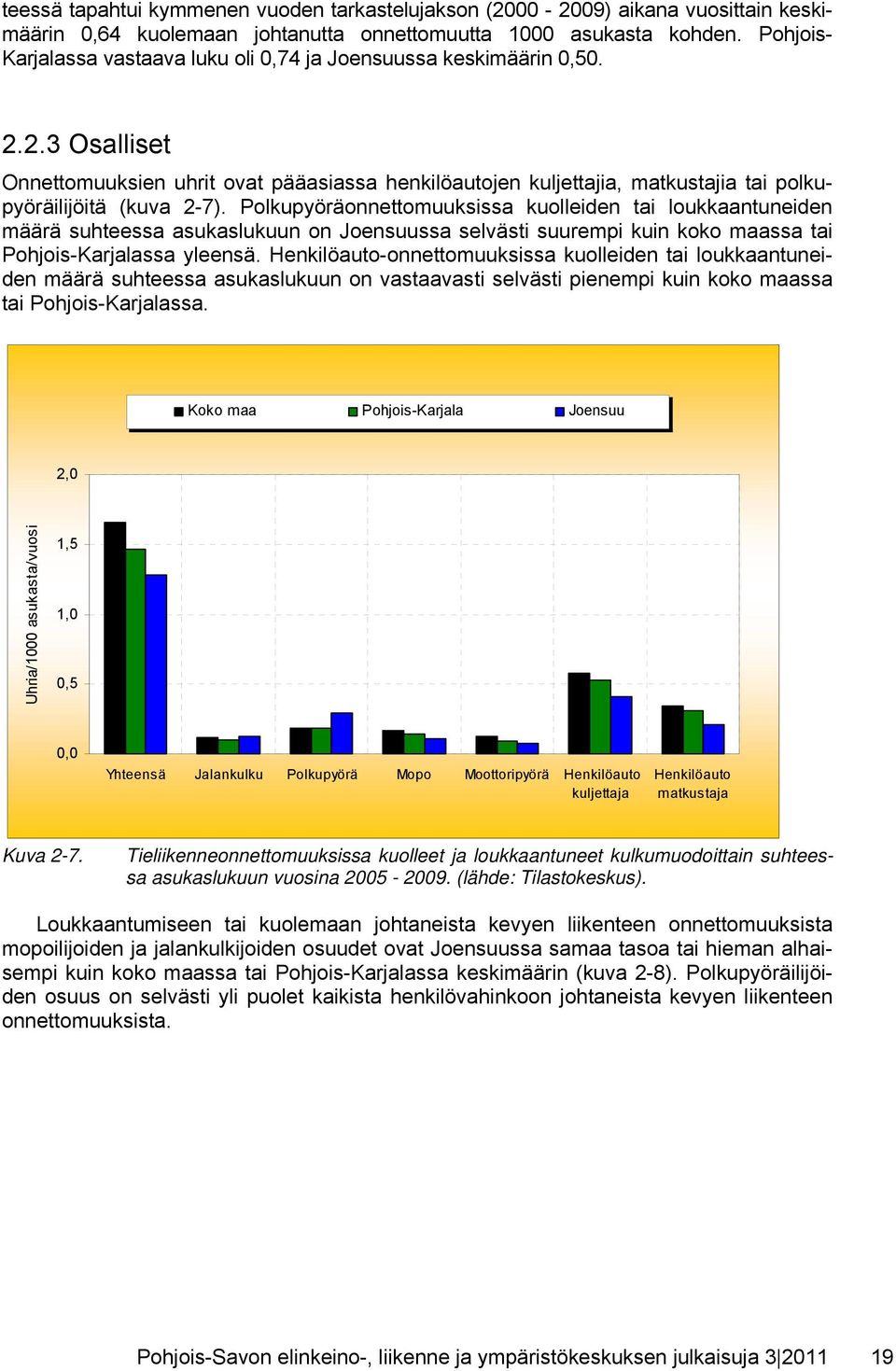 2.3 Osalliset Onnettomuuksien uhrit ovat pääasiassa henkilöautojen kuljettajia, matkustajia tai polkupyöräilijöitä (kuva 2-7).