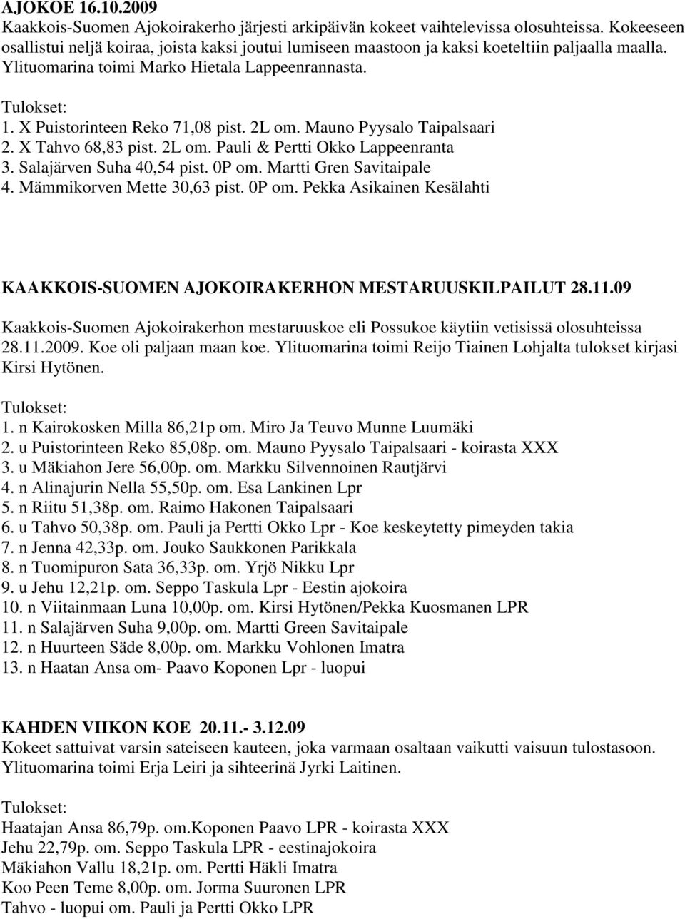 2L om. Mauno Pyysalo Taipalsaari 2. X Tahvo 68,83 pist. 2L om. Pauli & Pertti Okko Lappeenranta 3. Salajärven Suha 40,54 pist. 0P om.