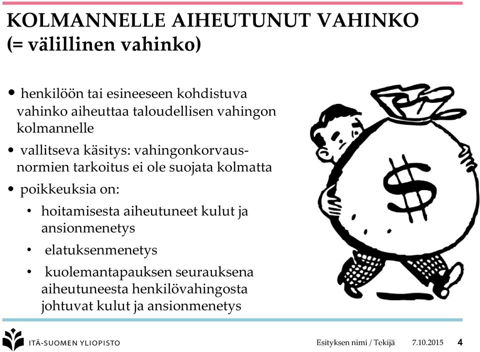 kolmatta poikkeuksia on: hoitamisesta aiheutuneet kulut ja ansionmenetys elatuksenmenetys kuolemantapauksen