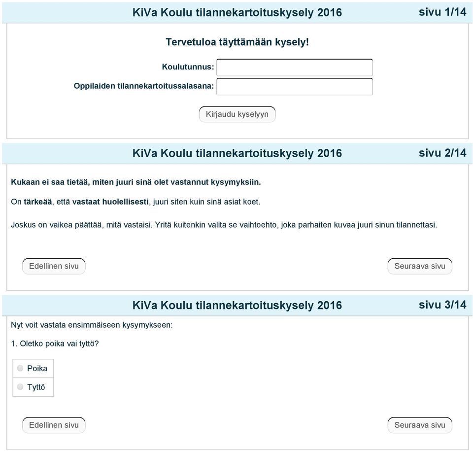 juuri sinä olet vastannut kysymyksiin. On tärkeää, että vastaat huolellisesti, juuri siten kuin sinä asiat koet.