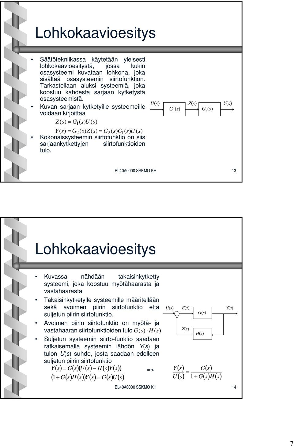 Kuvan sarjaan kytketyille systeemeille voidaan kirjoittaa Z ( s ) = G 1 ( s ) U ( s ) Y ( = G2( Z( = G2( G1 ( U ( Kokonaissysteemin siirtofunktio on siis sarjaankytkettyjen siirtofunktioiden tulo.