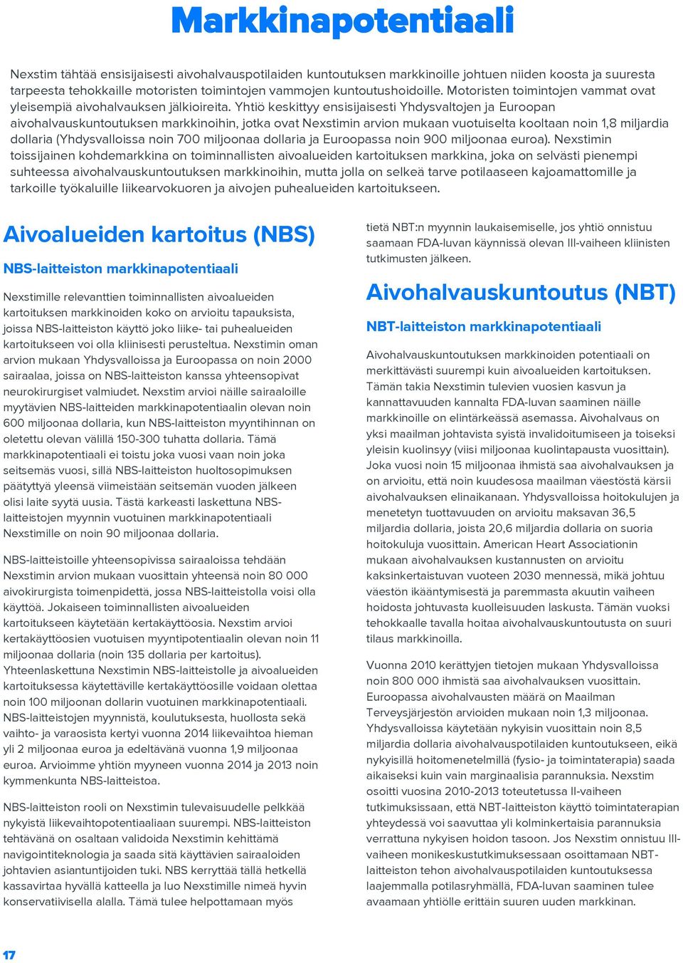 Yhtiö keskittyy ensisijaisesti Yhdysvaltojen ja Euroopan aivohalvauskuntoutuksen markkinoihin, jotka ovat Nexstimin arvion mukaan vuotuiselta kooltaan noin 1,8 miljardia dollaria (Yhdysvalloissa noin