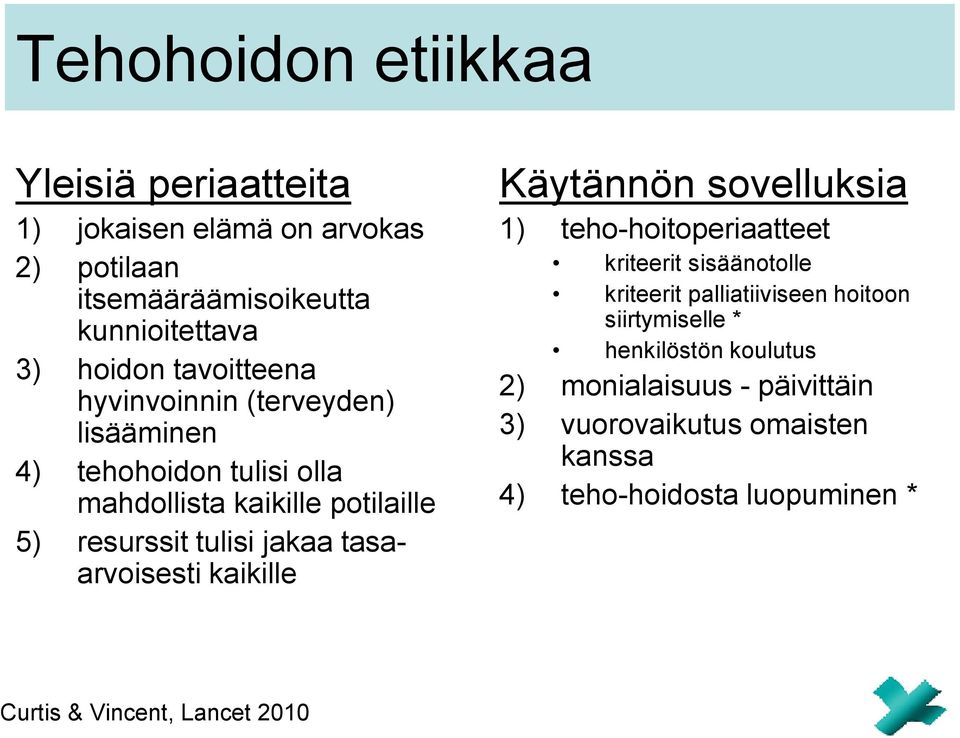 tasaarvoisesti kaikille Käytännön sovelluksia 1) teho-hoitoperiaatteet kriteerit sisäänotolle kriteerit palliatiiviseen hoitoon