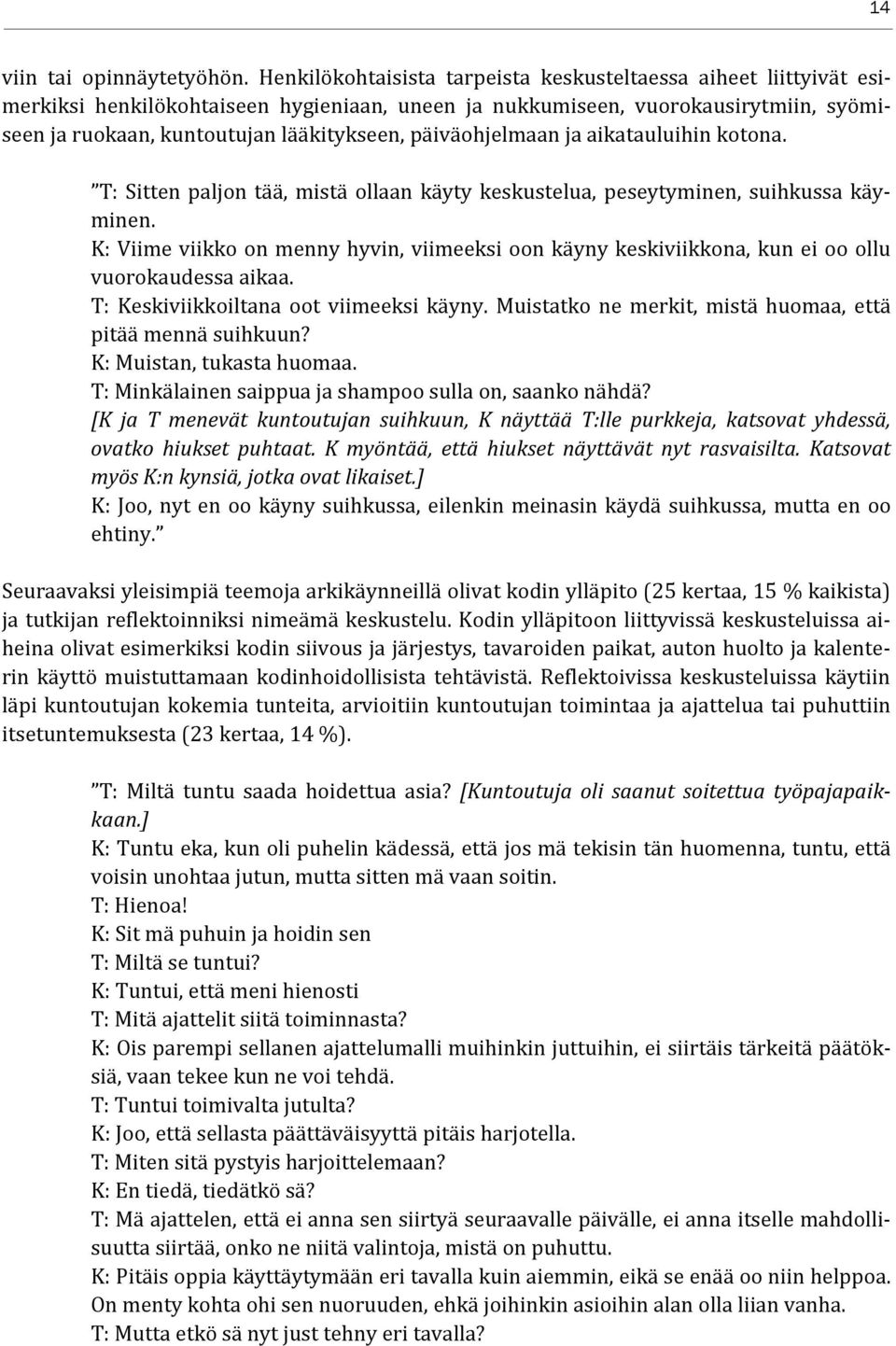 päiväohjelmaan ja aikatauluihin kotona. T: Sitten paljon tää, mistä ollaan käyty keskustelua, peseytyminen, suihkussa käyminen.