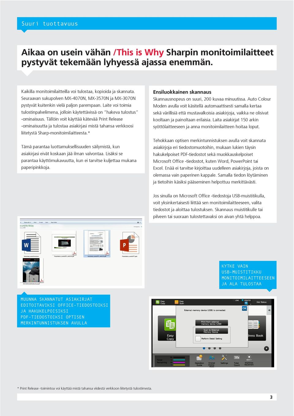 Tällöin voit käyttää kätevää Print Release -ominaisuutta ja tulostaa asiakirjasi mistä tahansa verkkoosi liitetystä Sharp-monitoimilaitteesta.