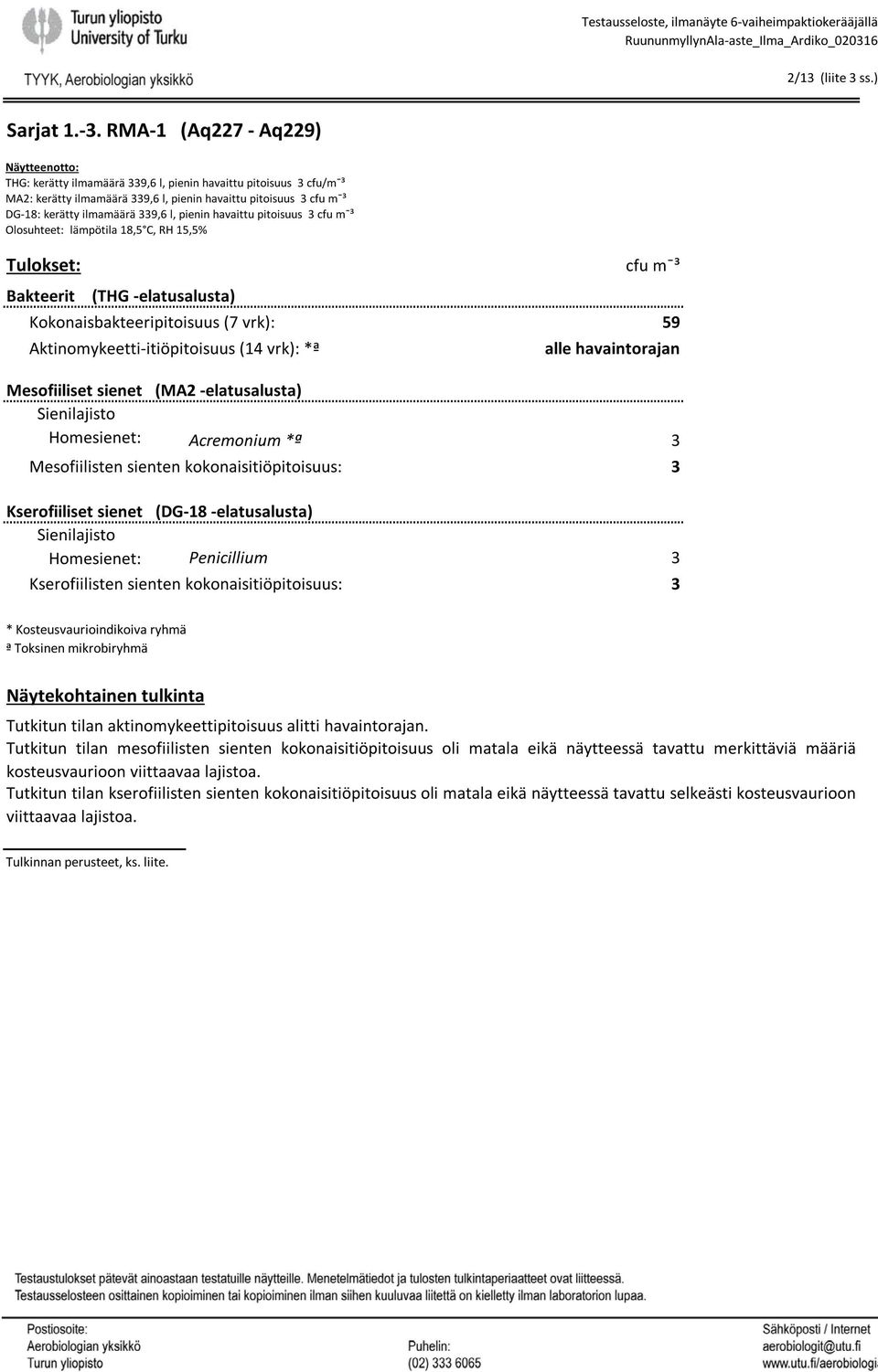 RMA 1 (Aq227 Aq229) Näytteenotto: THG: kerätty ilmamäärä 339,6 l, pienin havaittu pitoisuus 3 cfu/mˉ³ MA2: kerätty ilmamäärä 339,6 l, pienin havaittu pitoisuus 3 cfu mˉ³ DG 18: kerätty ilmamäärä