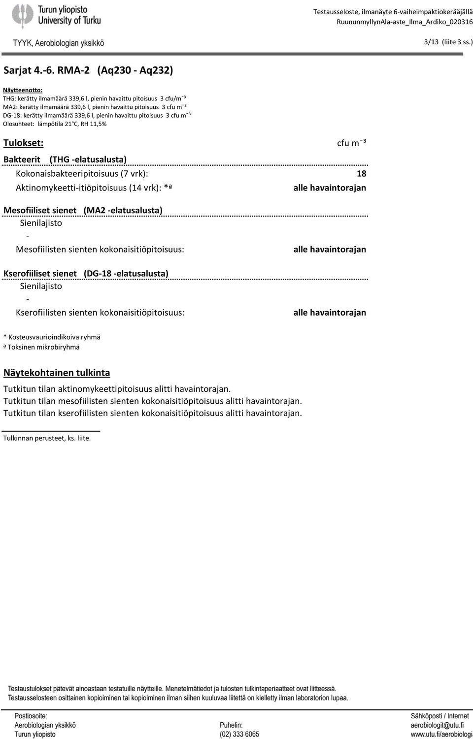 RMA 2 (Aq230 Aq232) Näytteenotto: THG: kerätty ilmamäärä 339,6 l, pienin havaittu pitoisuus 3 cfu/mˉ³ MA2: kerätty ilmamäärä 339,6 l, pienin havaittu pitoisuus 3 cfu mˉ³ DG 18: kerätty ilmamäärä