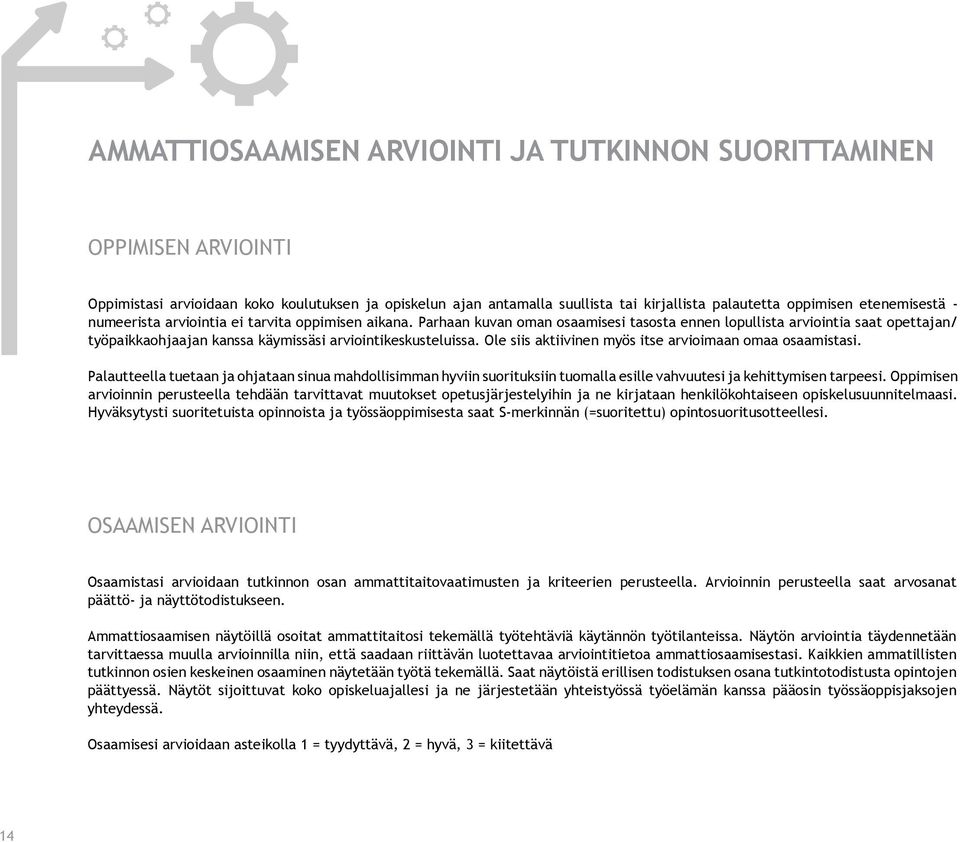 Parhaan kuvan oman osaamisesi tasosta ennen lopullista arviointia saat opettajan/ työpaikkaohjaajan kanssa käymissäsi arviointikeskusteluissa.