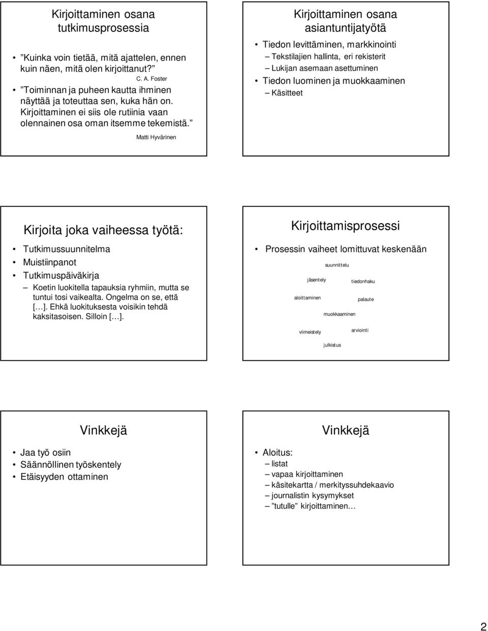 Matti Hyvärinen Kirjoittaminen osana asiantuntijatyötä Tiedon levittäminen, markkinointi Tekstilajien hallinta, eri rekisterit Lukijan asemaan asettuminen Tiedon luominen ja muokkaaminen Käsitteet