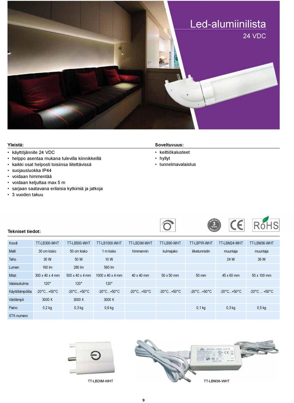 TT-LBM24-WHT TT-LBM36-WHT Malli 30 cm kisko 50 cm kisko 1 m kisko himmennin kulmajako liiketunnistin muuntaja muuntaja Teho 30 W 50 W 10 W 24 W 36 W Lumen 160 lm 280 lm 560 lm Mitat 300 x 40 x 4 mm