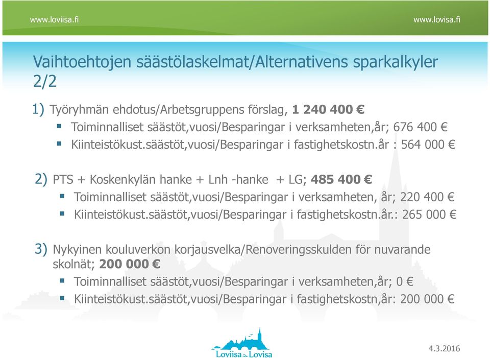 år : 564 000 2) PTS + Koskenkylän hanke + Lnh -hanke + LG; 485 400 Toiminnalliset säästöt,vuosi/besparingar i verksamheten, år; 220 400 Kiinteistökust.
