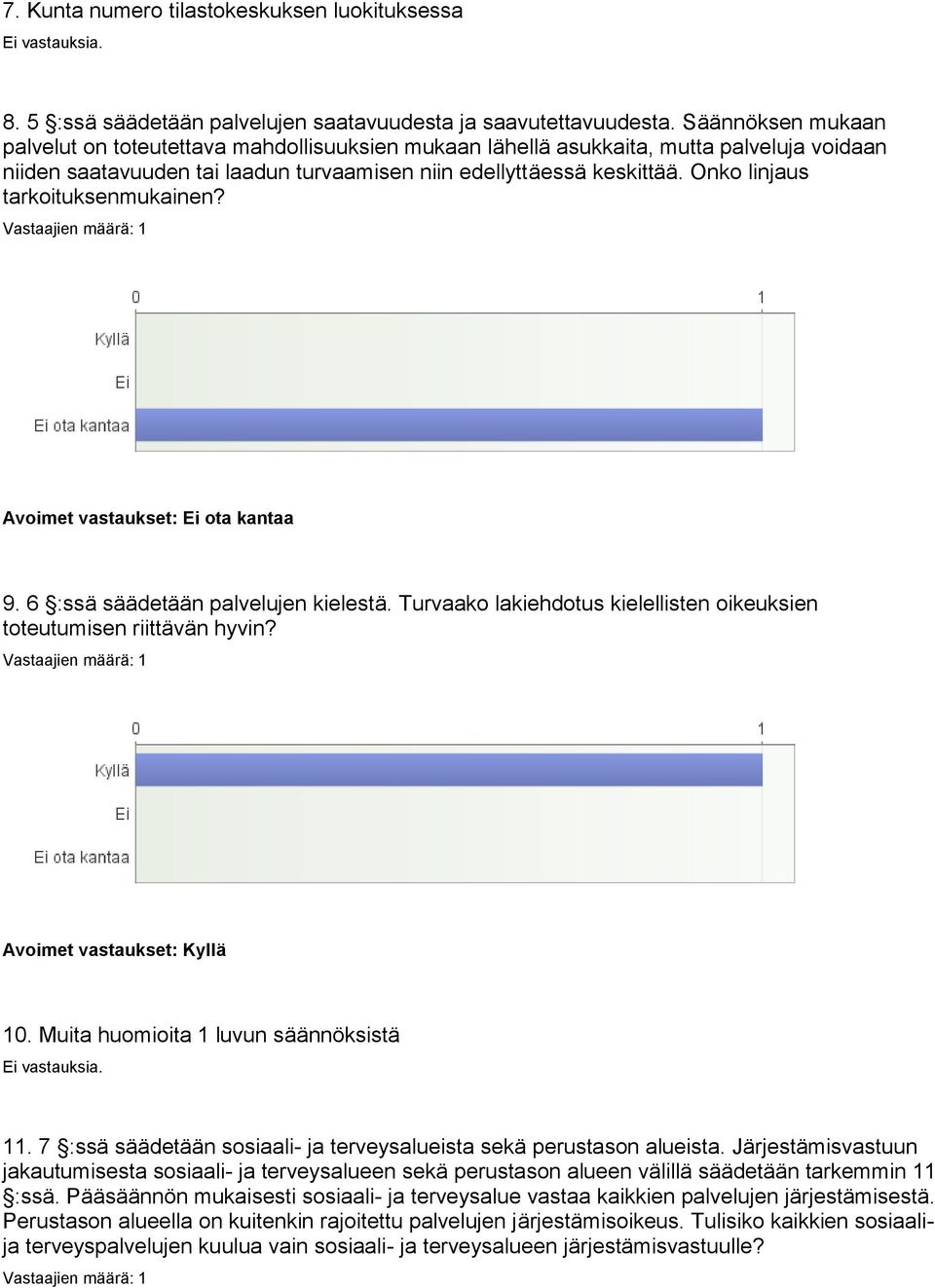 Onko linjaus tarkoituksenmukainen? 9. 6 :ssä säädetään palvelujen kielestä. Turvaako lakiehdotus kielellisten oikeuksien toteutumisen riittävän hyvin? Avoimet vastaukset: Kyllä 10.