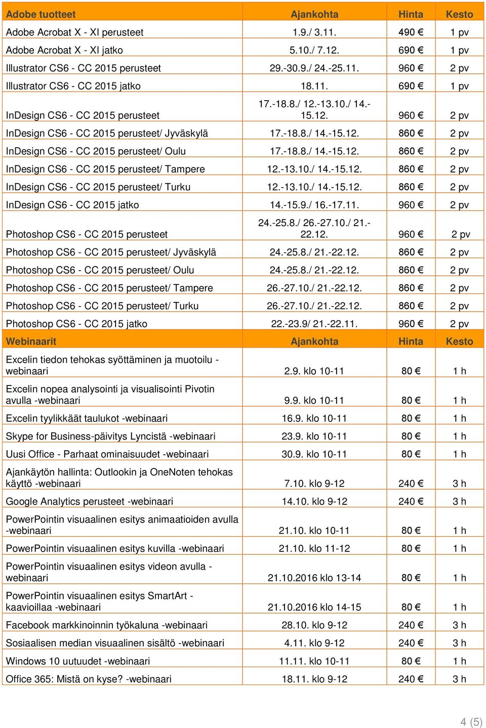 -18.8./ 14.-15.12. 860 2 pv InDesign CS6 - CC 2015 perusteet/ Tampere 12.-13.10./ 14.-15.12. 860 2 pv InDesign CS6 - CC 2015 perusteet/ Turku 12.-13.10./ 14.-15.12. 860 2 pv InDesign CS6 - CC 2015 jatko 14.