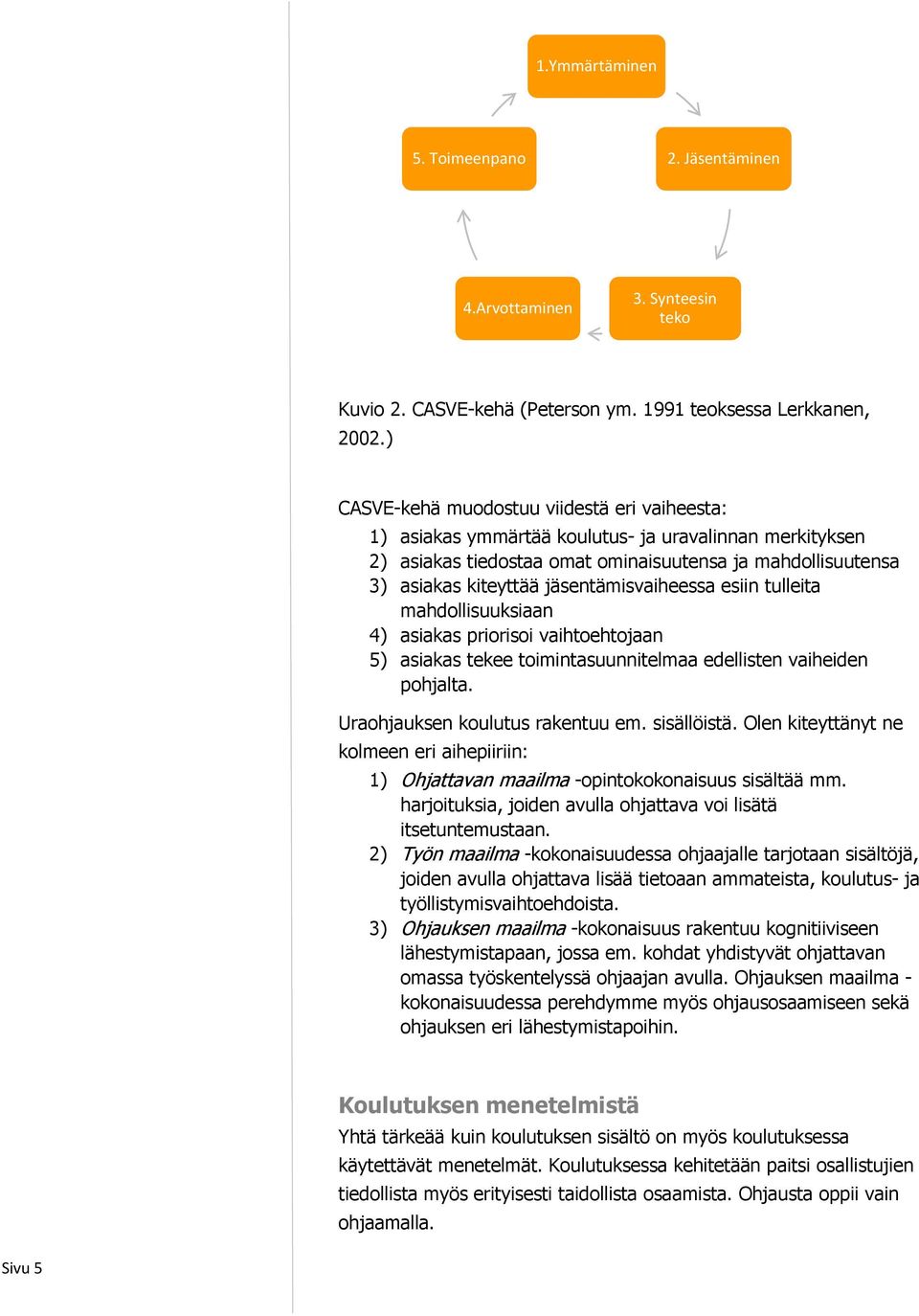 jäsentämisvaiheessa esiin tulleita mahdollisuuksiaan 4) asiakas priorisoi vaihtoehtojaan 5) asiakas tekee toimintasuunnitelmaa edellisten vaiheiden pohjalta. Uraohjauksen koulutus rakentuu em.